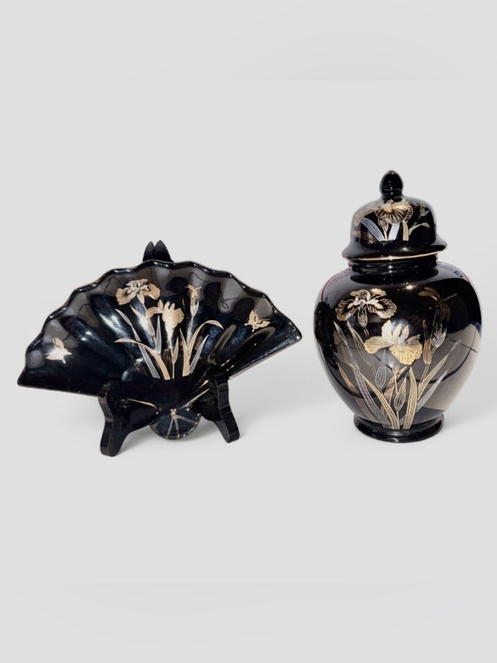 Vintage 70s Asahi Japan Black Porcelain Ginger Jar & Fan Dish Set – Gilded Japan